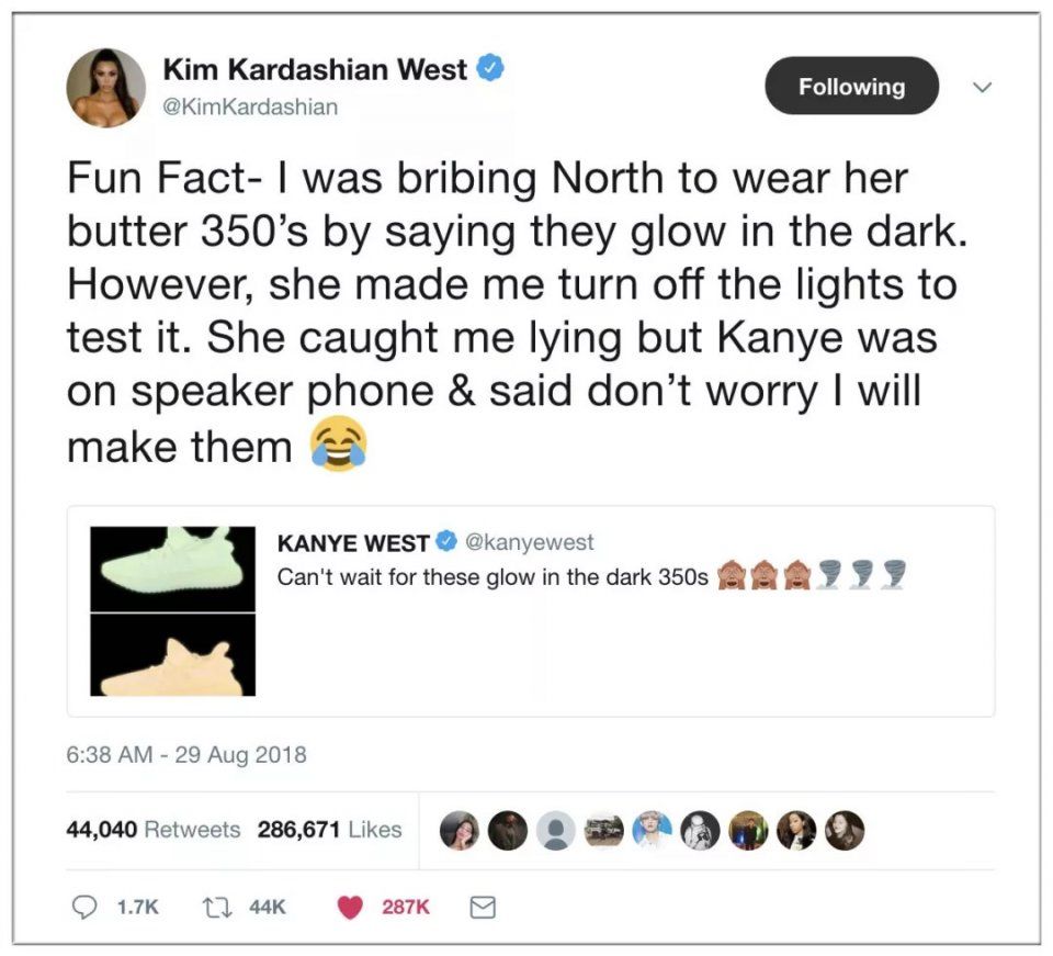 侃爷也有少女心，卡戴珊公布夜光350甜蜜由来|每周剁手