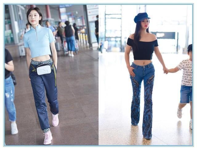 当冉莹颖和张俪同穿露脐装走机场，才知道清新与轻浮的差距有多大