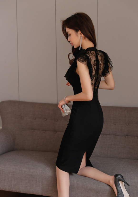 女神孙允珠，华丽黑丝连衣裙