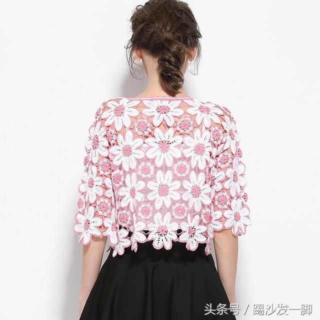 手工编织美极了欧美风镂空拼色宽松钩花小外套