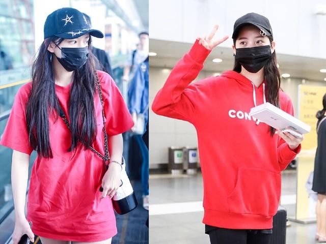 18岁欧阳娜娜与20岁程潇，穿红衣走机场，一个清纯一个性感！