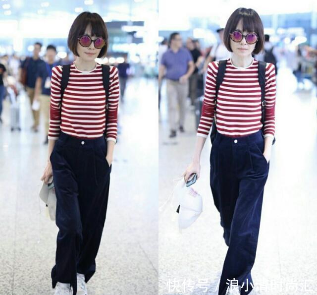 鲁豫机场终于穿对，条纹衫配阔腿裤太有高级感，真的快50岁了？