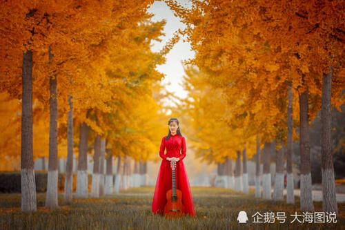 身着红裙怀抱吉他，徜徉在美丽的秋天里！