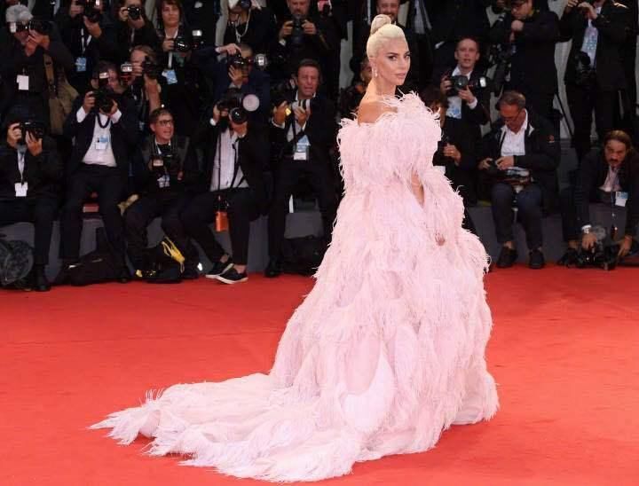 155的LadyGaga全身插满粉色羽毛远赴威尼斯，自己从美国飞来的?