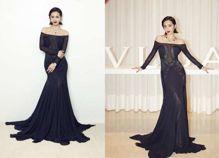 蔡依林155cm的身高，穿一字肩鱼尾裙也不丑，很有女神范