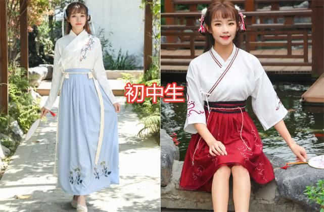  #初中生#同样是“选汉服”，初中生VS高中生，看到大学生：哥哥，我们一起穿好嘛？