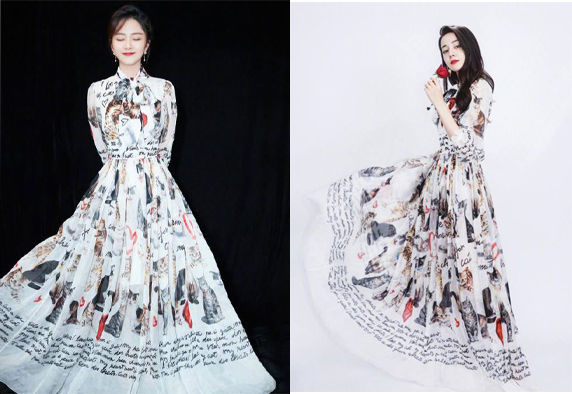 一条印花裙撞衫三人，迪丽热巴完胜，印花裙女神非她莫属!