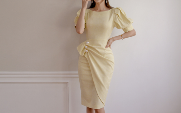 女神孙允珠，姜色枯草牛奶鲜柠亚麻珍珠裙