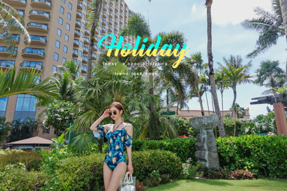 女神孙允珠，枯藤蓝叶梦幻夏威夷绑带泳装