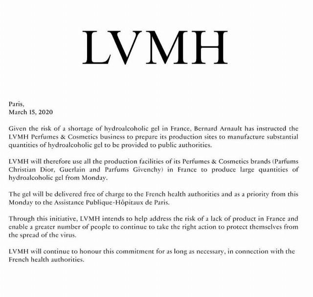  公布：LVMH集团公司公布应用其淡香水和化妆品工厂制造消毒产品