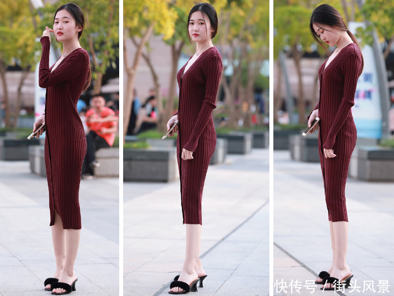 美女身高175cm，身穿酒红色的针织连衣长裙，女神范十足！