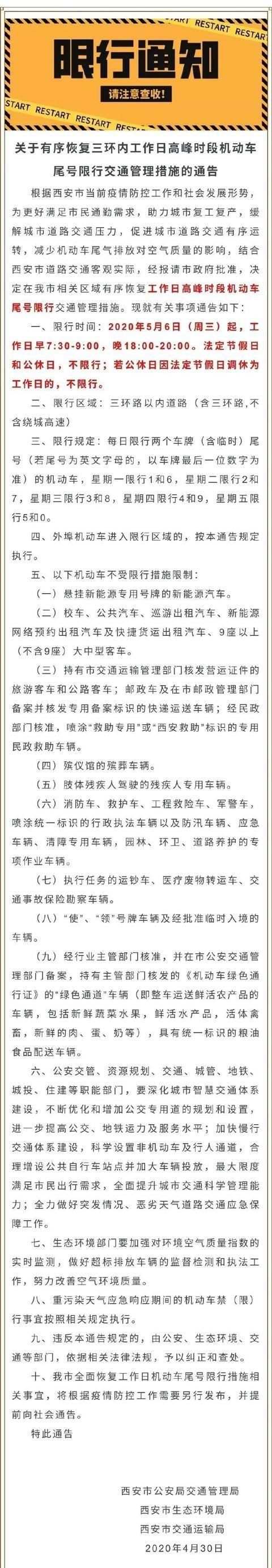  [恢复]定了！西安恢复机动车限行，限行时段、范围有变化