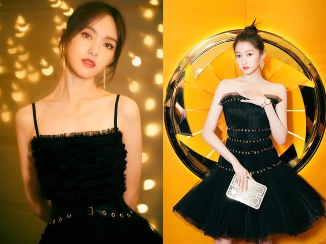 一直以为唐嫣穿黑纱裙已经够美了，直到看见关晓彤，才知道惊艳！