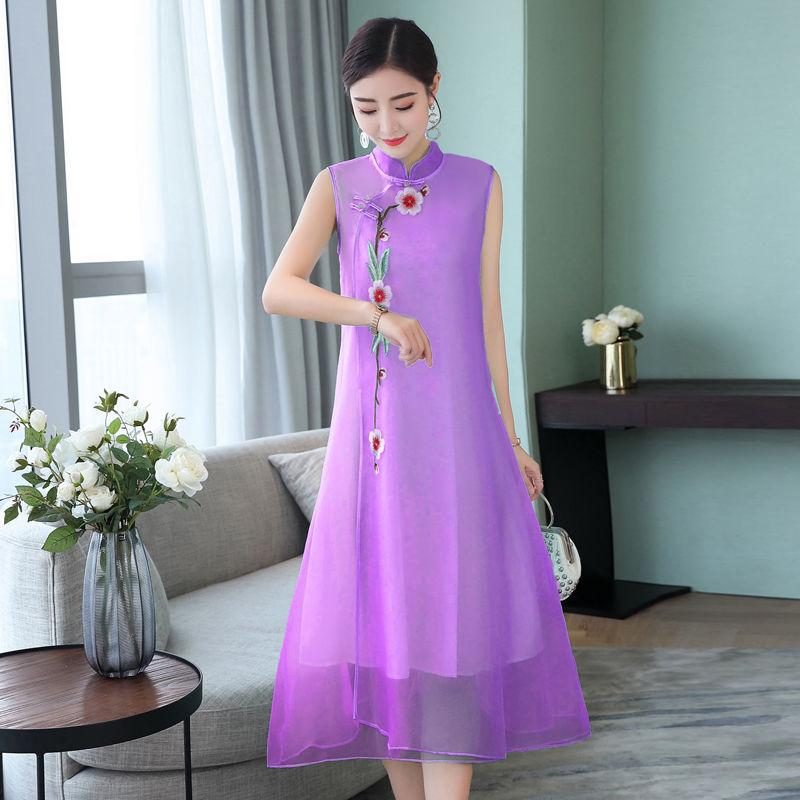 比旗袍还高级的中国风欧根纱连衣裙，优雅唯美，适合微胖70女人