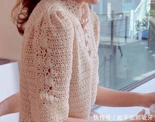 『短袖』女士淑女风格钩针圆肩短袖开衫
