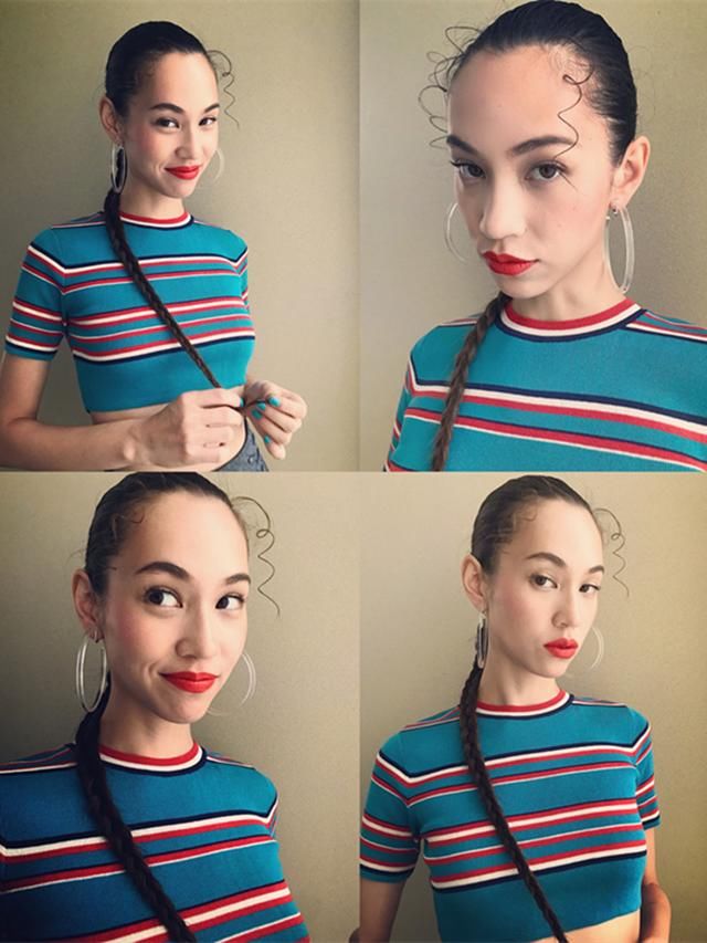 水原希子终于又扎马尾辫，却在刘海上卷个圈，这复古审美没谁了！