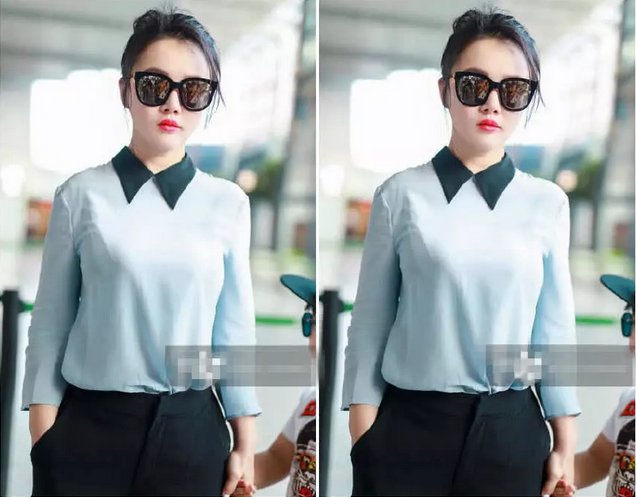 34岁冉莹颖用力过猛!衬衣喇叭裤凹造型真时髦，网友:裤脚怎么了