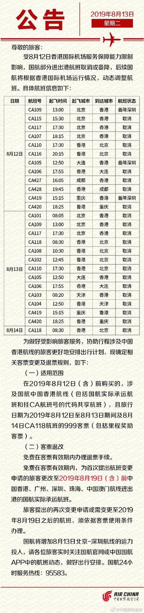刚刚！国内多家航空公司公布涉港航班客票退改措施