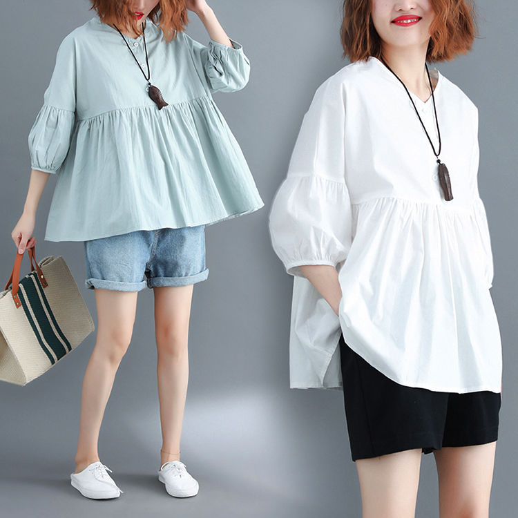 金秋老婆穿这样一件宽松文艺棉麻衫洋气显瘦，比真丝裙好看多了