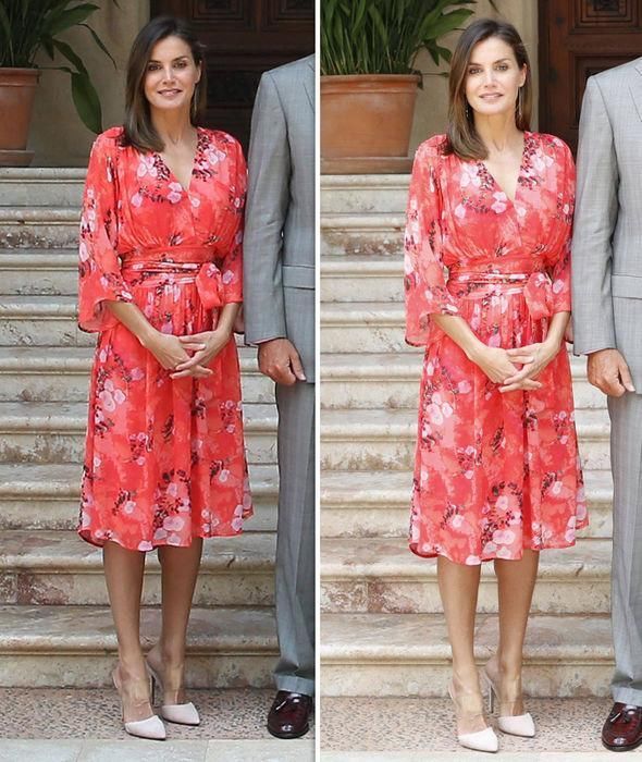 西班牙王后莱蒂齐亚陪同会见首相，穿一身印花红色裙子