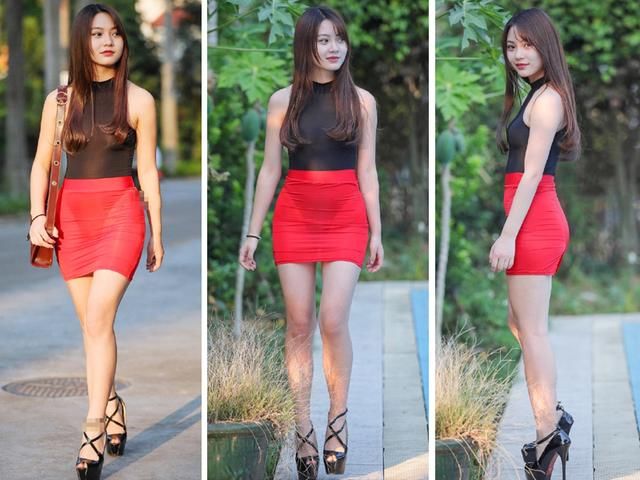 颜值美女，穿红色包臀裙都能穿出“倒三角”，不会搭配还是故意？