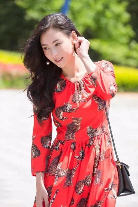 李湘与张柏芝，同穿红色印花连衣裙，差别有点大？
