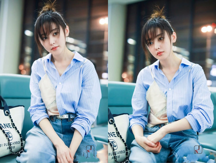 张天爱穿蓝色衬衫，搭配牛仔短裤秀美腿 ，网友：身材比例真好