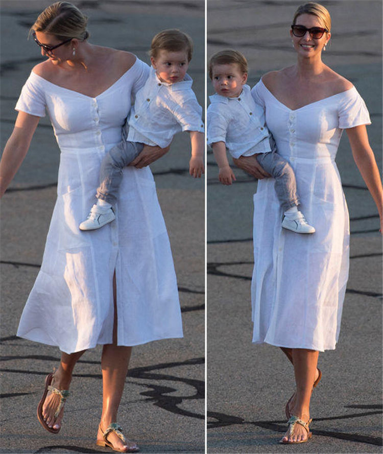 伊万卡穿露肩白裙现身，抱孩子笑容甜