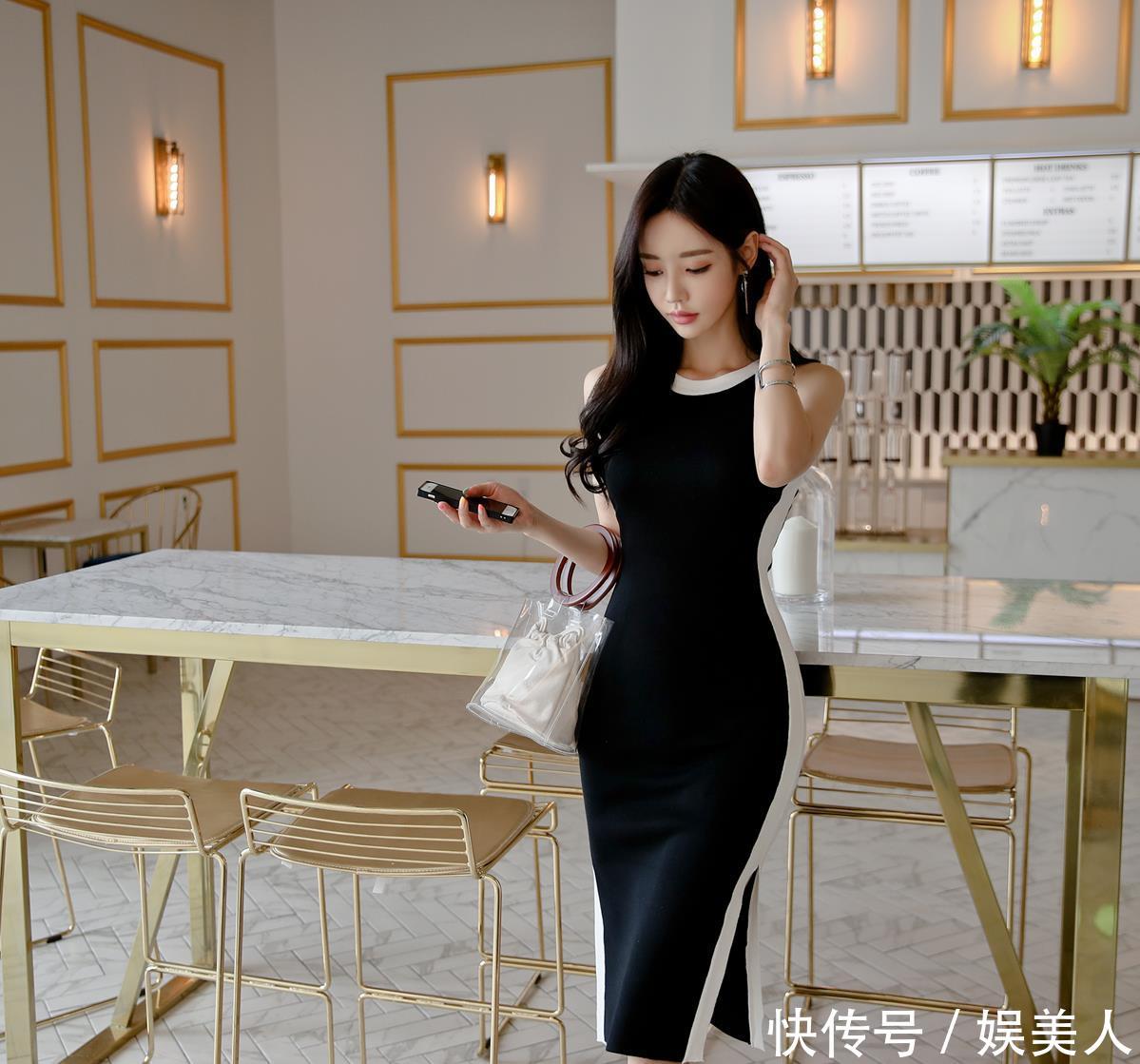  镶边■无袖开叉裙，黑白调色镶边，搭配黑色卷发气质满满