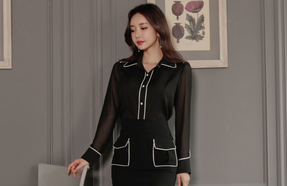 女神孙允珠，拂晓之星黑魔石雪纺微透衬衫