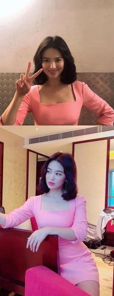 宋慧乔微卷的内扣短发,搭配一身清新典雅的粉色连衣裙,看起来整个