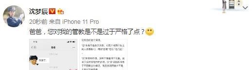  「过于」沈梦辰晒与爸爸聊天截屏，吐槽他管教过于严格，聊天非让她用尊称
