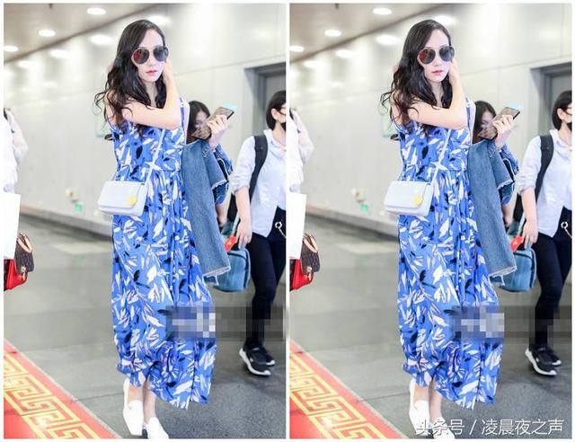 韩雪穿蓝色开叉印花长裙亮相机场，国色天香像公主，惊艳全场