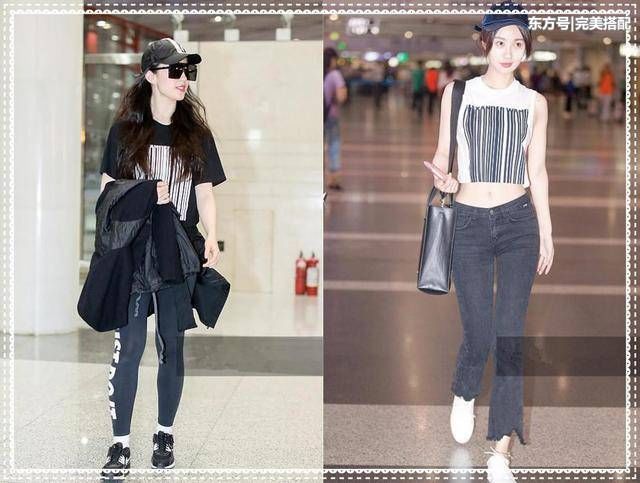 当刘亦菲和李菲儿同穿一件T恤衫，网友:再也找不到不减肥理由了