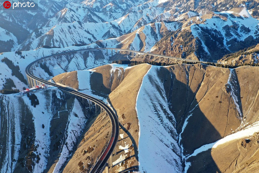 航拍新疆伊犁果子沟冬日景色 天山雪松与白雪相映成趣