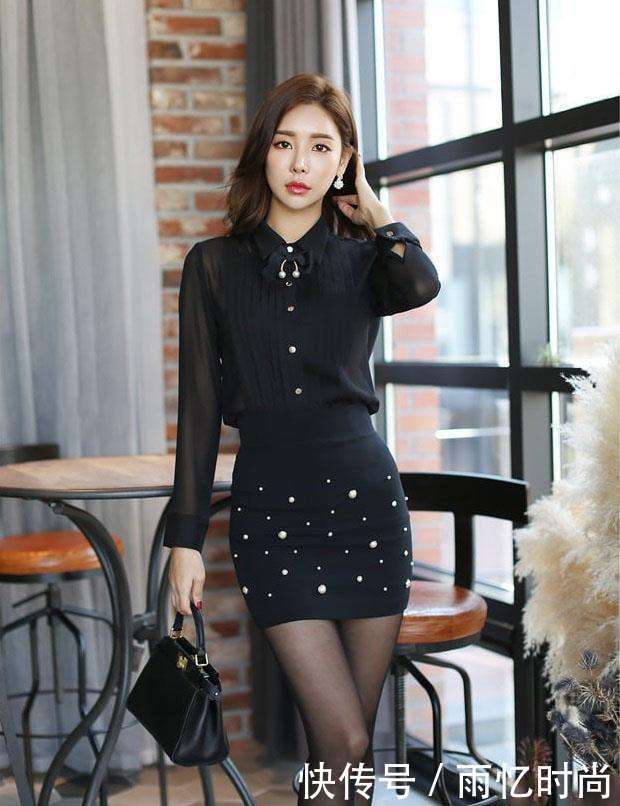 包臀裙搭配黑丝袜, 高挑好身材, 魅力不一般!