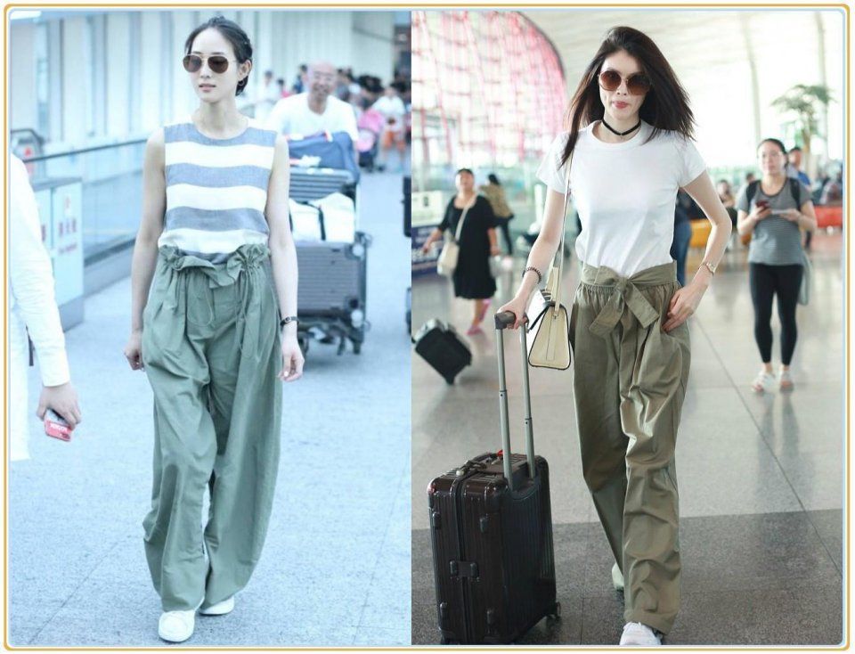 当168张钧宁和178何穗同穿绿色阔腿裤，才知道超模腿真的不好惹