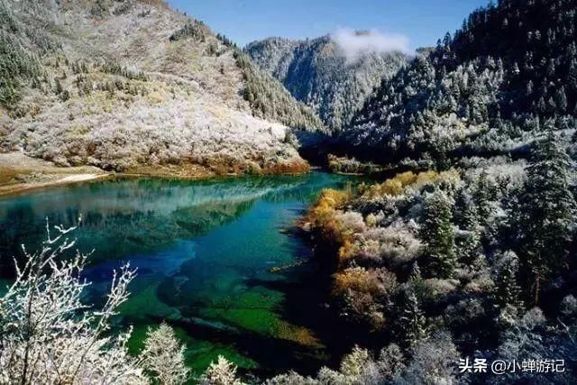 九寨沟的冬天山峦与树林银装素裹，瀑布变成巨大的天然艺术冰雕