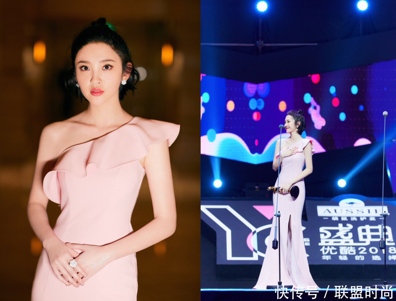 唐艺昕穿粉色长裙优雅动人，不料被胯部抢足了镜头，也太宽了！