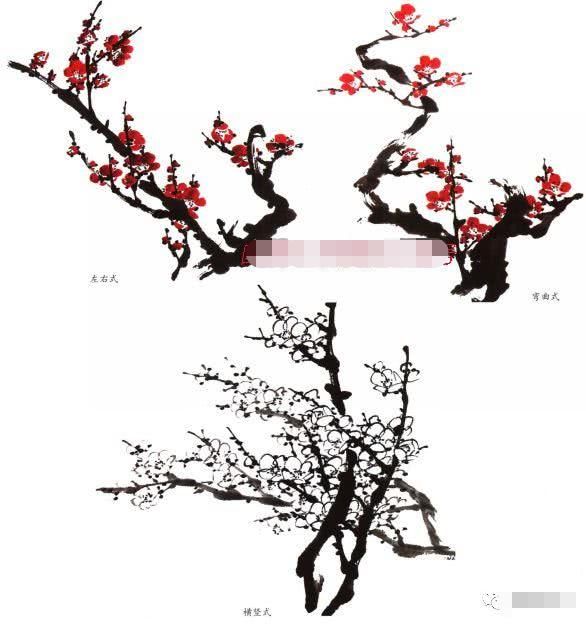 写意梅花画法示范教程，梅花的树干和根部画法，画梅花的构图形式