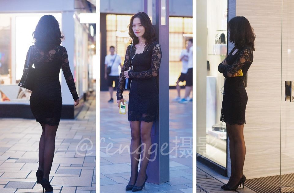 街拍:穿黑色蕾丝紧身裙的大波浪长发美女，神秘、气质、迷人