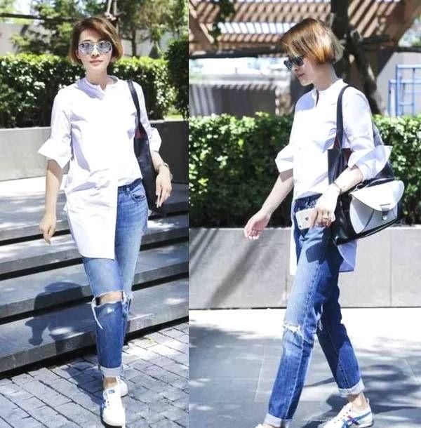 43岁梅婷太大胆，穿一件T恤就出门了！瘦下来真任性！