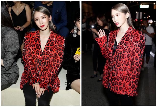 孟美岐时装周首战穿红西装，撞上46岁郑秀文，赢了年纪却输了气场