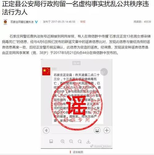 正定县13名男女感染猪病毒死亡，河北167人感染？谣言！