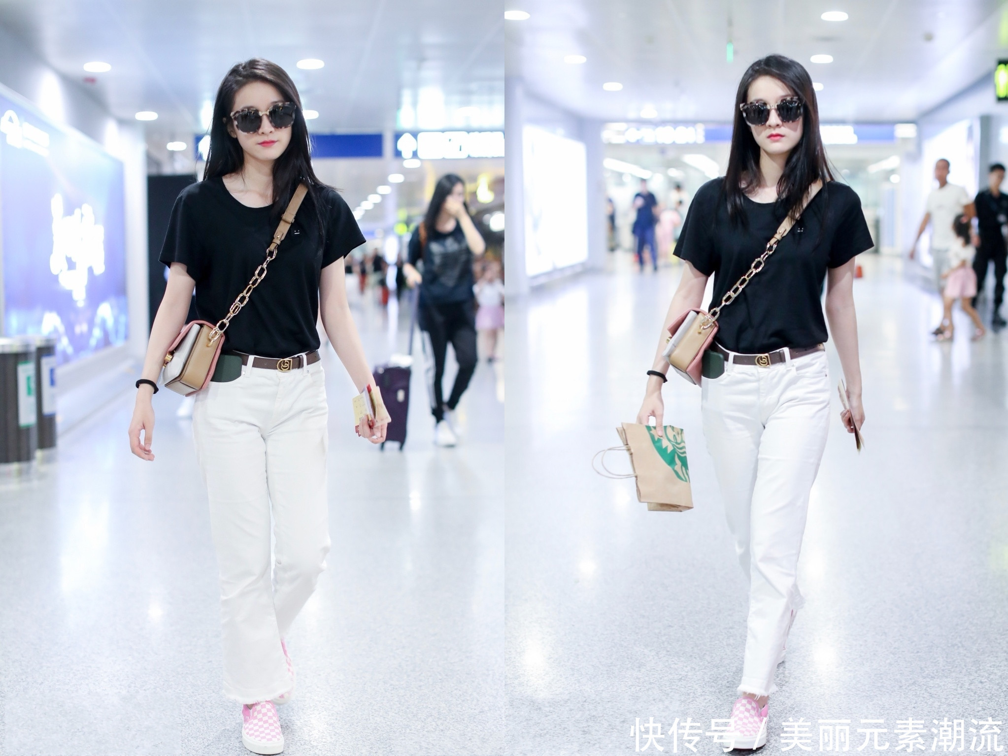 张雪迎黑白搭配现机场，一条裤子穿出小短腿，竟还勒出三角区！
