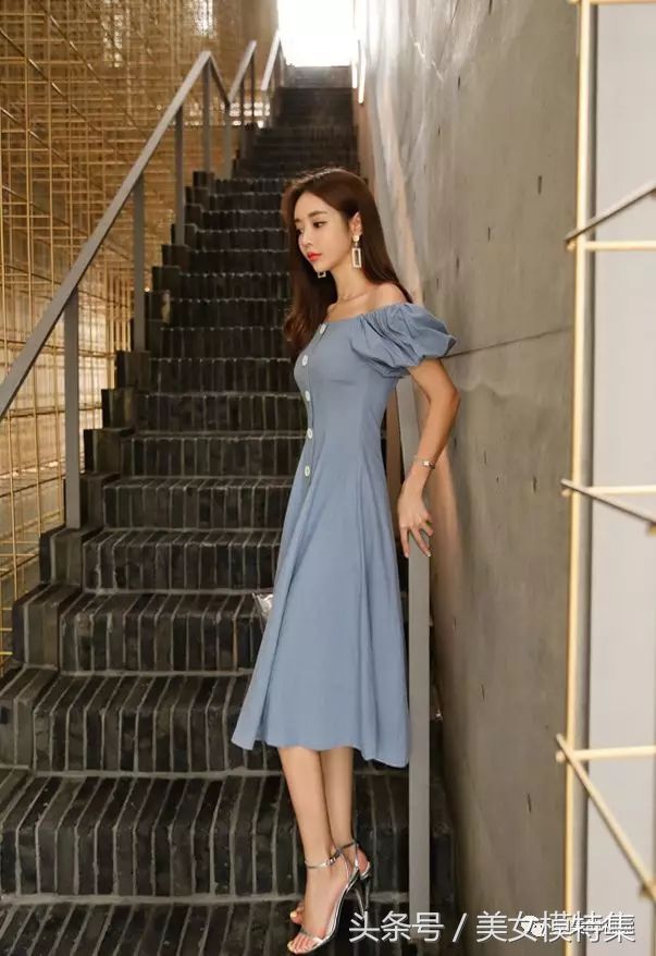 浪漫情人孙允珠，清新一字肩女神装连衣裙