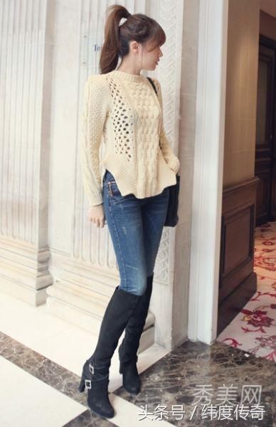 时装搭配，紧身牛仔裤穿得漂亮而自信，甜美的魅力展现女孩优雅
