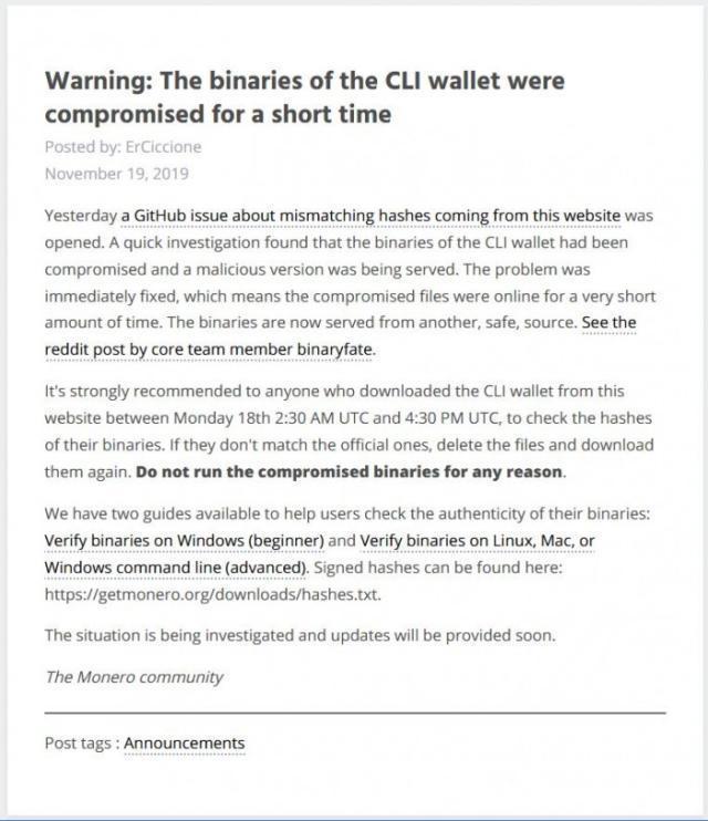 门罗币官网遭黑客攻击CLI安装包被替换为