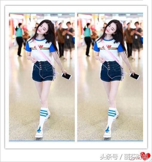 网友晒鞠婧祎机场照，彩虹T恤超美，下身搭配却暴露“真实身高”