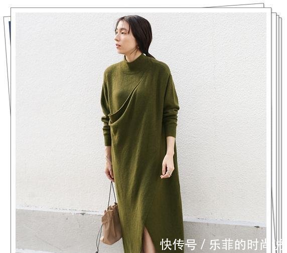 针织连衣@军绿色连衣裙完全不挑人!24种日系穿搭示范,放心享受春季时尚感